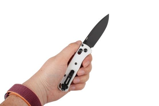 White Benchmade Mini-Bugout Elite features a 2.82" drop point plain edge black coated blade